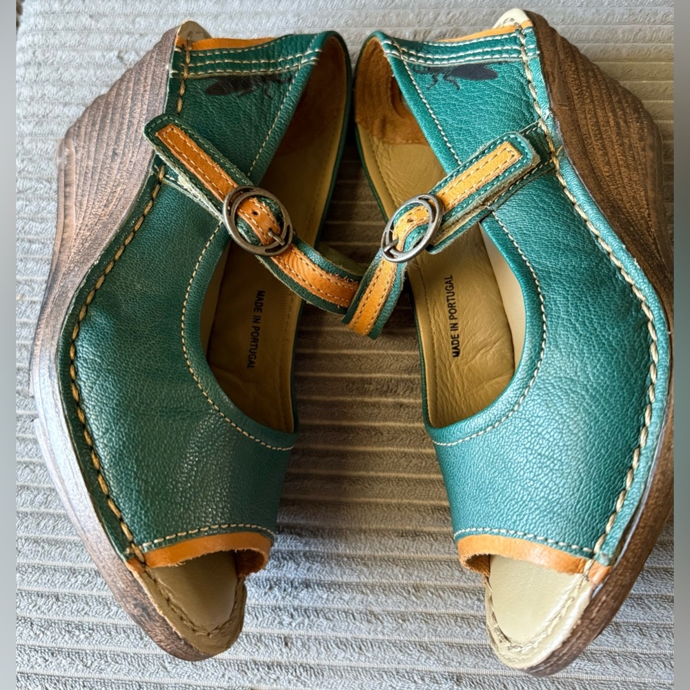 Fly London Wedges Teal and Tan Sandals Shoes Size 36 - Picture 4 of 6